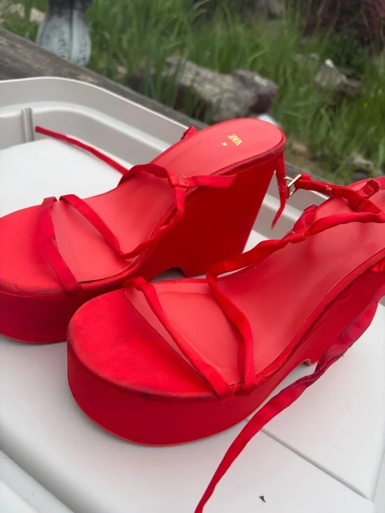 Zara Bright Red Satin Platform Heels - Picture 3 of 10